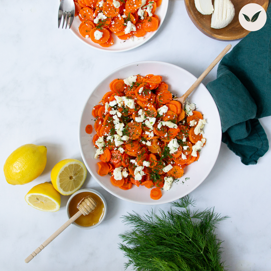 Carottes au cumin et au fromage de chèvre et sauce au miel et au citron